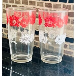 Vintage Hazel Atlas Red and White Flower Print Glasses‎ Juice Cups